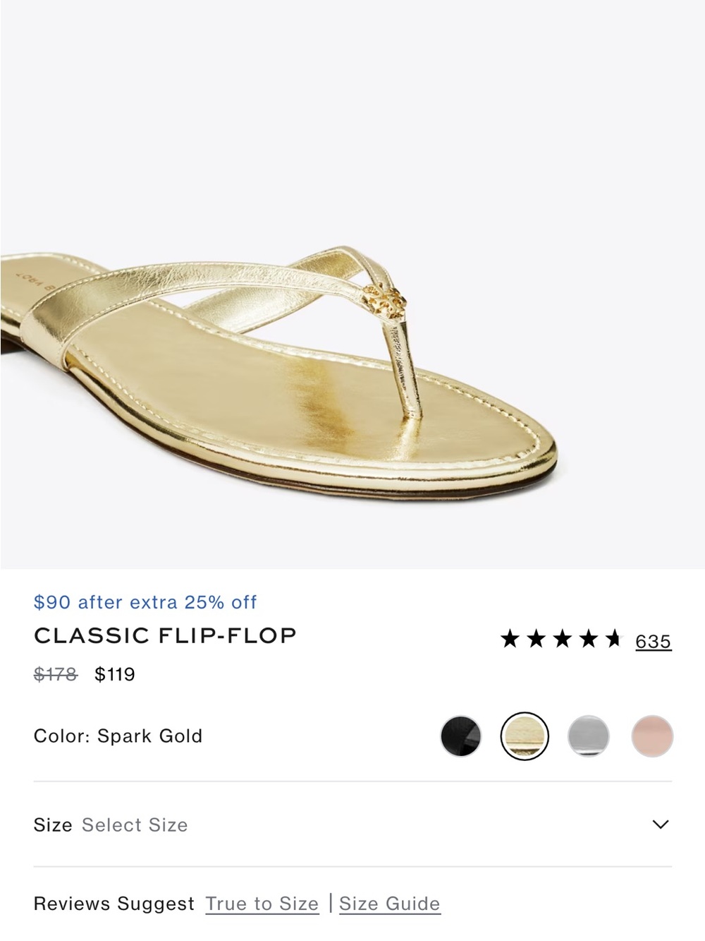 Tory Burch Spark Gold Metallic Thong Sandal size 5.5 like new w/box